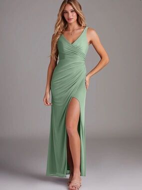Azazie Leandra Matcha Mermaid V-Neck Pleated Mesh Dress